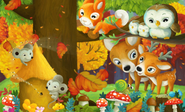 卡通场景森林动物朋友玩乐图片下载