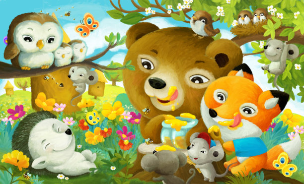 卡通场景森林动物在森林里吃蜂蜜图片下载