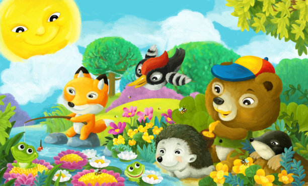卡通场景森林动物朋友钓鱼插图图片下载