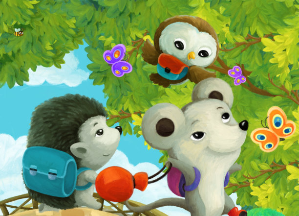 卡通动物孩子上学插图图片下载