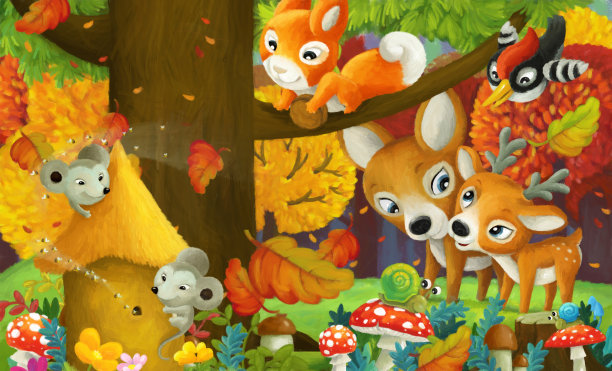 卡通场景森林动物朋友玩乐图片下载