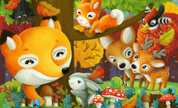 卡通有趣的场景森林动物朋友在一起图片下载