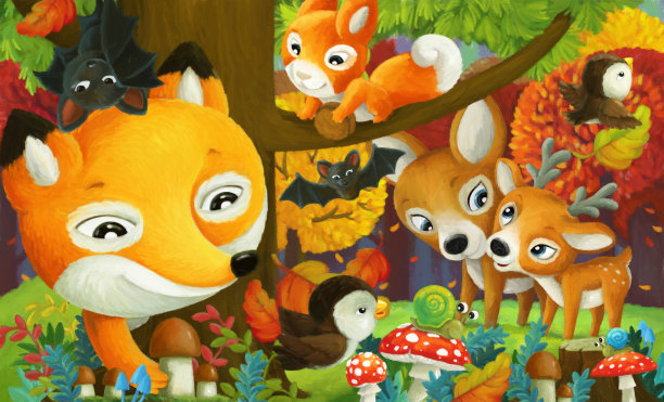 卡通有趣的场景森林动物朋友在一起图片下载