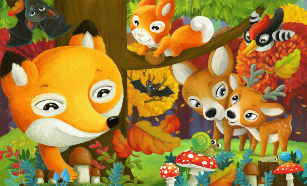 卡通有趣的场景森林动物朋友在一起图片下载