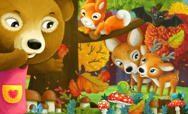 卡通有趣的场景森林动物朋友在一起图片下载