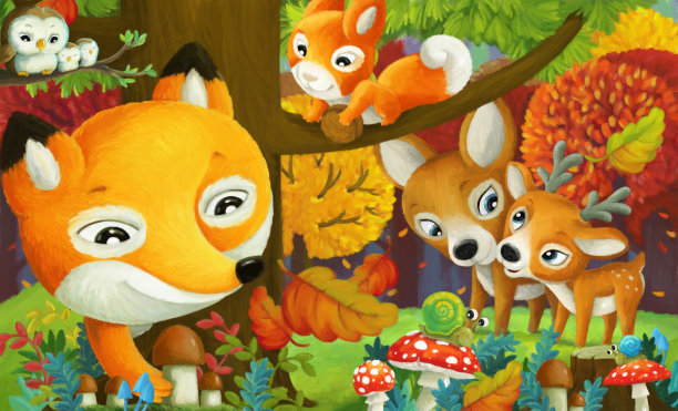 卡通场景森林动物朋友玩乐图片下载