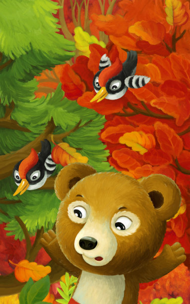 卡通动物猫头鹰、啄木鸟、熊和松鼠图片下载