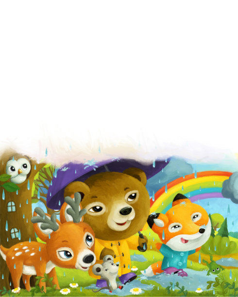 卡通森林动物朋友在雨中散步图片下载