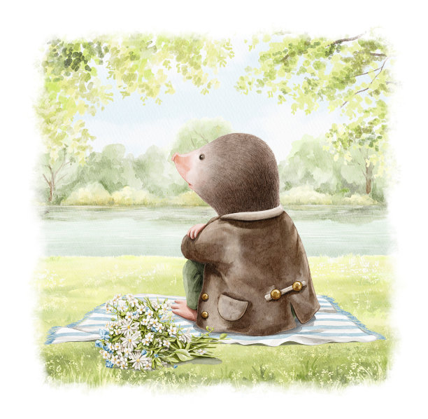 水彩卡通构图，小卡通鼹鼠坐在复古装图片下载