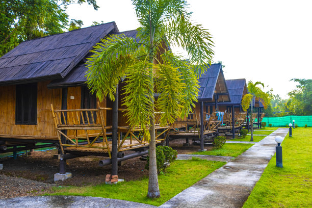 天然热带丛林度假胜地泰国甲米的木制竹屋。图片下载