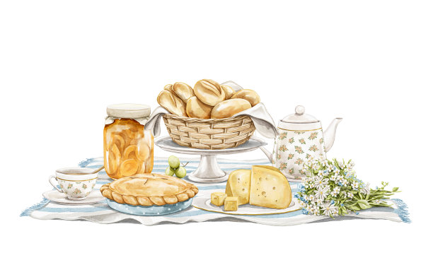 水彩卡通构图与复古野餐格和食物图片下载