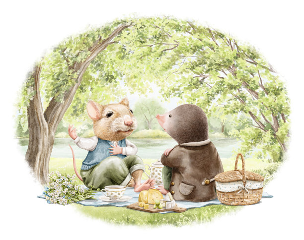 水彩卡通构图与老鼠和鼹鼠动物在野餐图片下载