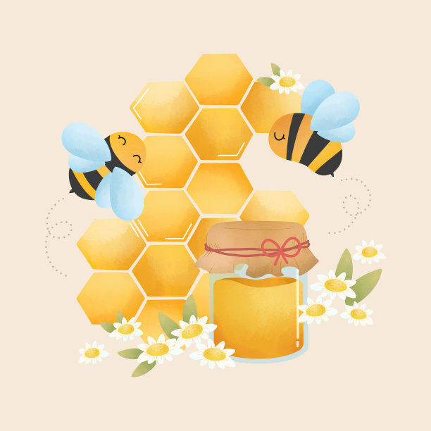 蜂窝画有两只小蜜蜂和一罐蜂蜜周围的白花图片下载