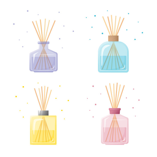 一套家庭香水，玻璃瓶与香气棒，香水为家庭，平面编辑对象在白色的背景图片下载