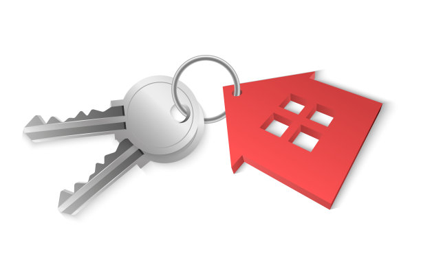 三维矢量图像的一个现实的银房子钥匙与钥匙链在一个红色的房子的形状，孤立在一个白色的背景图片下载