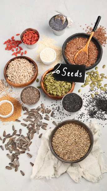 在光背景上的可食用种子的品种。图片下载