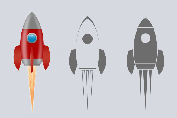太空火箭被隔离在灰色背景上。三个不同选项的说明。设计图片下载