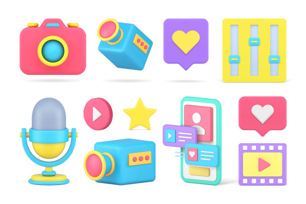 多媒体娱乐技术音乐视频照片内容智能手机应用程序集3d图标矢量图片下载