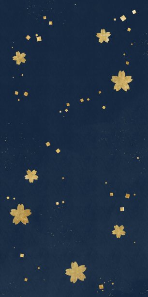 日式垂直植物暗模板。金色的樱花和五彩纸屑在蓝色的背景图片下载