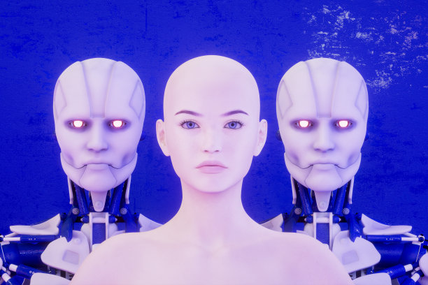 女人和半机械人，人类和机器人在一起，人工智能的概念图片下载