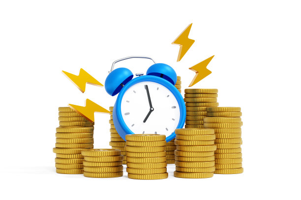 铃声闹钟与硬币堆栈，省钱，截止日期的税收时间提醒，3D渲染。图片下载