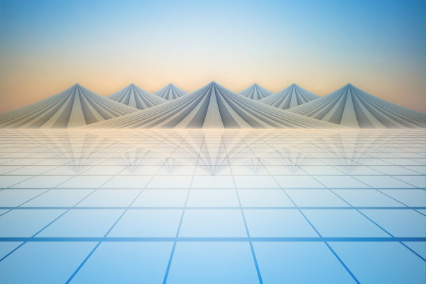 没有一个广场延伸到山上的日落景观的反射，在3D渲染。图片下载