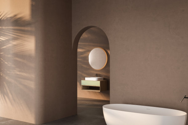 柔和的自然光与天然材料相融合，为轻松而精致的简约浴室提供大理石面盆，椭圆形镜子，马桶，坐浴盆，拱门，趋势。三维渲染图片下载