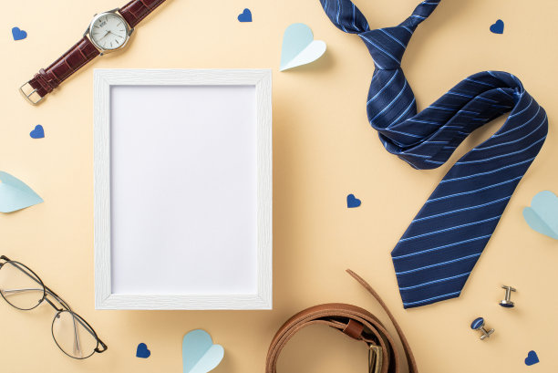 别致的父亲节版面。平面放置的照片框架，领带，心，手表，配件，腰带，眼镜在米色背景与广告或文字空白空间的顶部视图图片下载