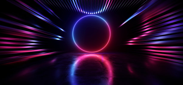 未来科幻网络现代霓虹灯圈激光蓝紫色金属条纹光泽谷仓车库停车场工作室陈列室隧道走廊地下混凝土仓库房间3D渲染图片下载