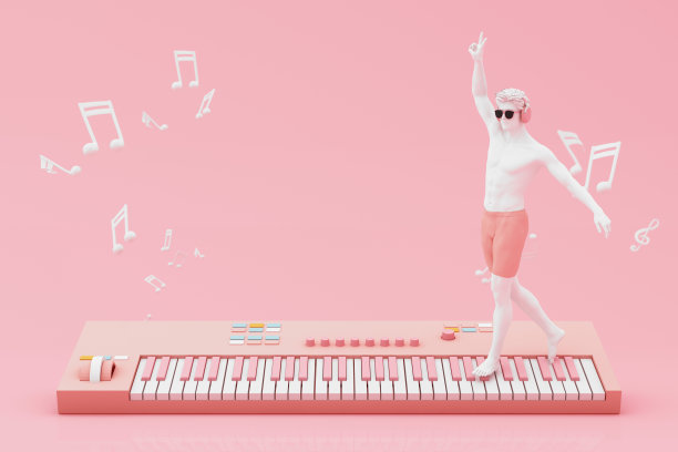 耳机和智能手机与音乐笔记漂浮在粉红色的背景周围扬声器与乐器。概念有趣的歌曲或音乐节与人头雕塑。三维渲染图片下载