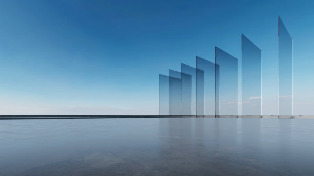 3d渲染抽象的未来主义玻璃建筑与空混凝土地板。图片下载