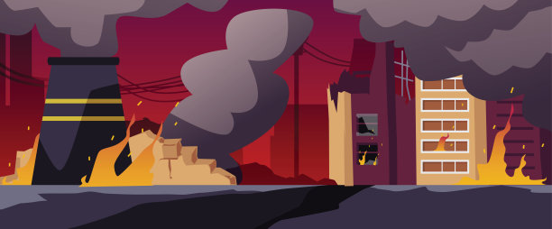 矢量插图的生产和产生的电力和能源在火灾和烟雾，破坏制造业图片下载