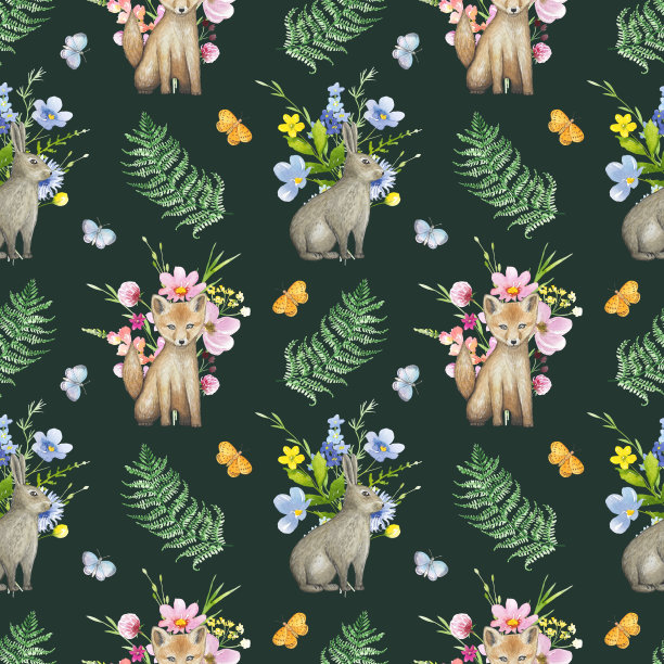 无缝图案与森林动物，兔子，狐狸，水彩图片下载