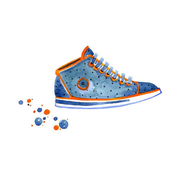 水彩蓝色运动鞋与点在白色的背景。图片下载