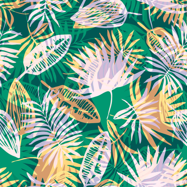 中性绿色热带图案与覆盖的叶子图片下载