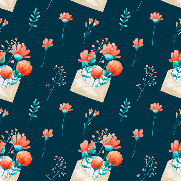 花卉无缝图案与信封和花束的野花与深蓝色的背景。数码水彩印刷品，织物图片下载