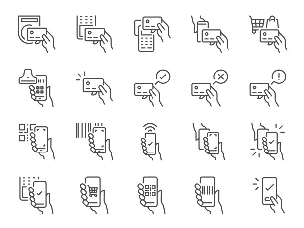 无现金支付图标集。它包括信用卡、借记卡、移动应用程序、扫描和更多图标。可编辑的矢量描边。图片下载