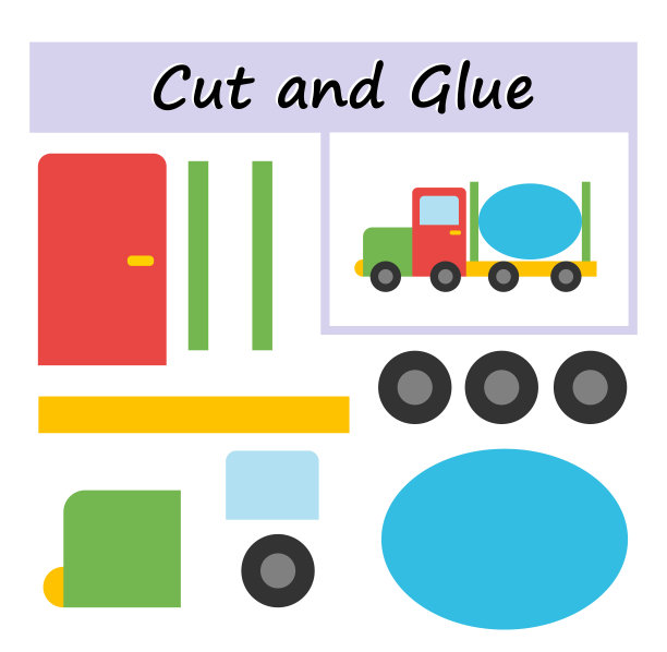 儿童教育用纸游戏。剪下图像的一部分，然后粘在纸上。DIY工作表。卡通混凝土车;图片下载