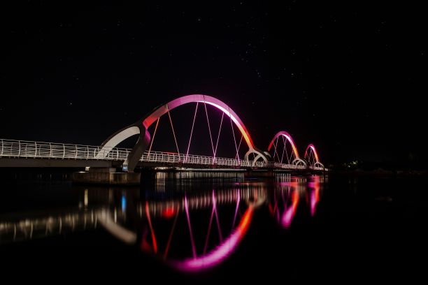 夜间一座桥的实景照片，被鲜艳的紫色灯光照亮图片下载