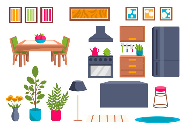 一套家具和室内用品。厨房。向量图形。图片下载
