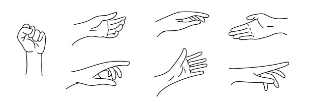 集剪影手各种手势在现代涂鸦风格。收集最小的单色设计元素在白色的背景。抽象向量插图。图片下载