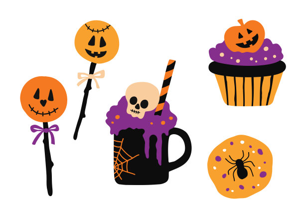 万圣节假期可爱糖果，棒棒糖，鸡尾酒和纸杯蛋糕套装图片下载