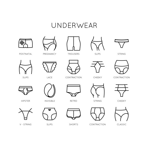 内衣套装图标。提供丁字裤，蕾丝，背带，潮人，大胆，短裤，矫正，经典，隐形。图片下载