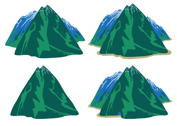 一套素描山插图。单山、组山、公路、隧道。图片下载