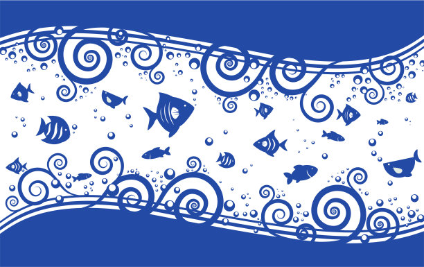 蓝色剪影鱼和海洋生物，波浪和鱼图案壁纸装饰，美丽的背景和复制空间装饰图片下载