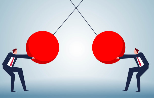 冲突与碰撞，竞争、对抗或意见分歧，两个商人分别拉着一个巨大的铁球进行碰撞图片下载