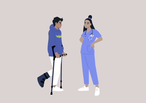 一个年轻的角色，腿骨折，拄着拐杖和硬壳靴走路，与医生预约检查图片下载