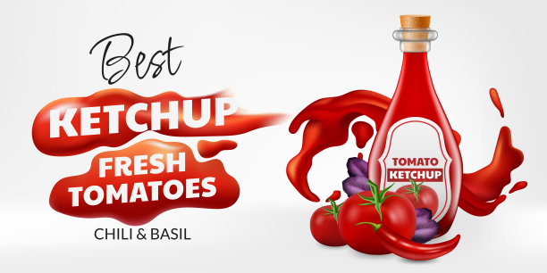 逼真的3D矢量插图一个充满活力和美味的番茄酱玻璃瓶。这张照片显示了液体酱汁滴下并形成一个污点。用于广告、横幅或包装设计图片下载