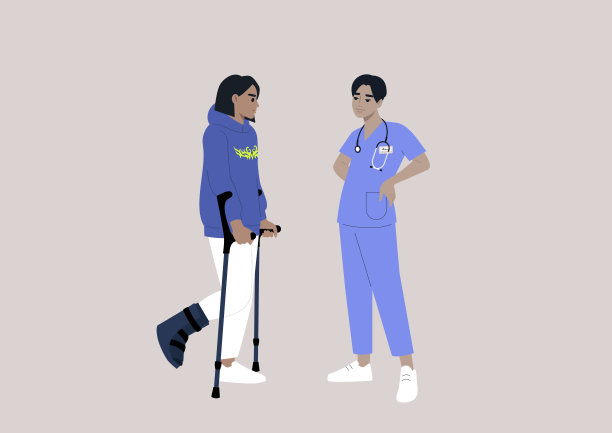 一个年轻的角色，腿骨折，拄着拐杖和硬壳靴走路，与医生预约检查图片下载