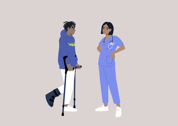 一个年轻的角色，腿骨折，拄着拐杖和硬壳靴走路，与医生预约检查图片下载